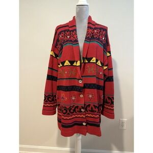 Vintage Carole Little Sport Red Cardigan Sweater Women's LG Southwestern‎ Aztec